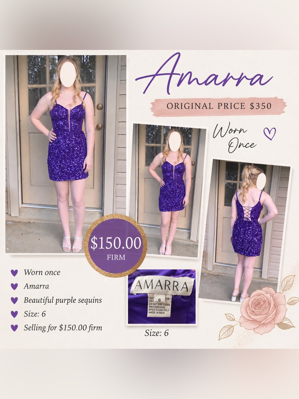 Amarra Purple Sequin Mini Dress with Lace-Up Back